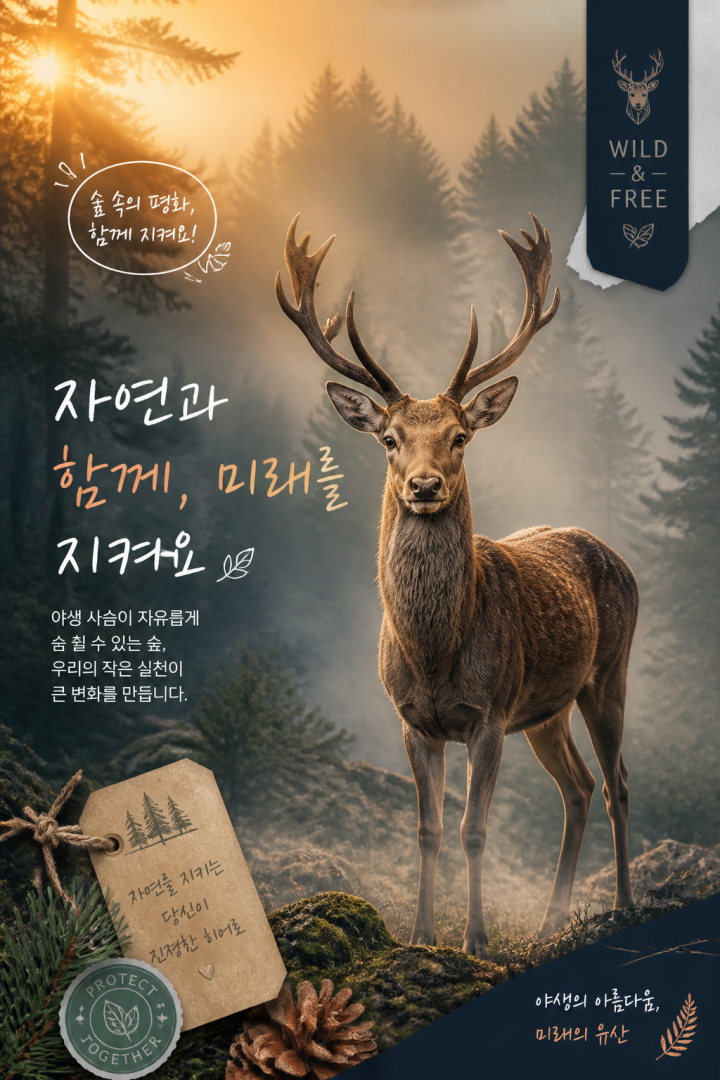 안개 속의 한국 야생 사슴